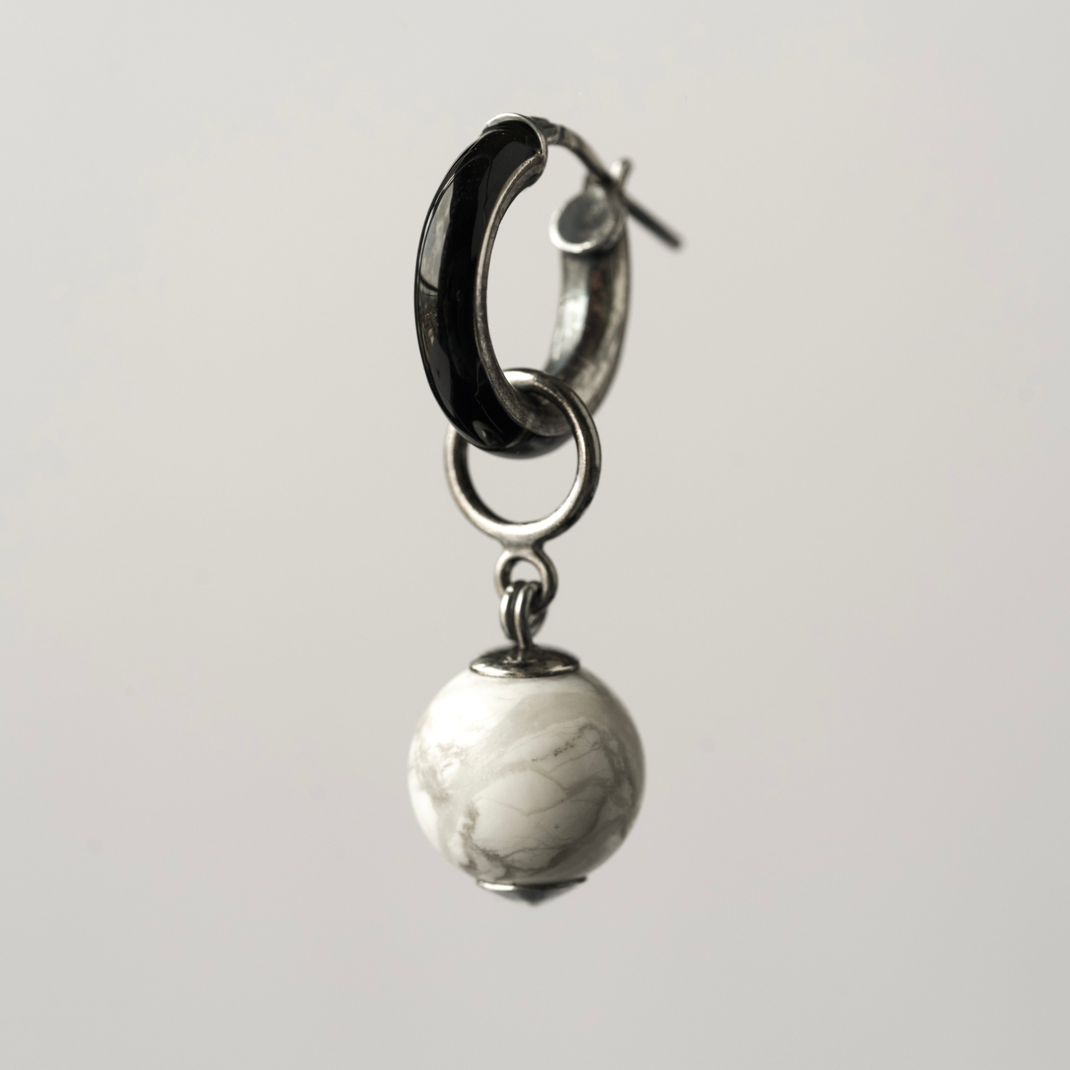 Hoop and Bead Earring - Black Silver Hoops with Stone | Modern