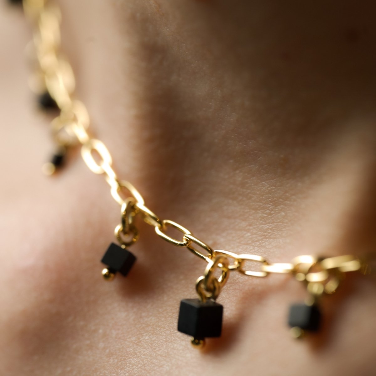 Mosaic necklace by Macabre Gadgets - linked necklace with rhythmically fixed black onyx cubical beads