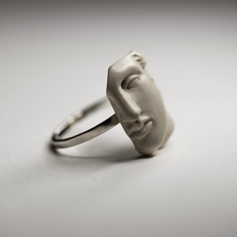 Achilles ring - masculine boho style ring showcases a bonded marble design shaped as a classical sculpture's head