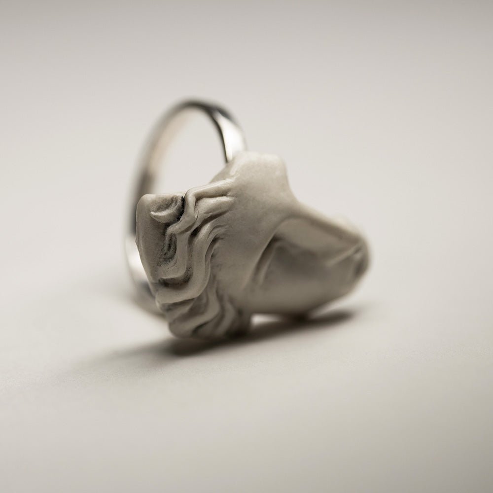 Close-up of Ariadne ring  - boho style marble and sterling silver goddess ring