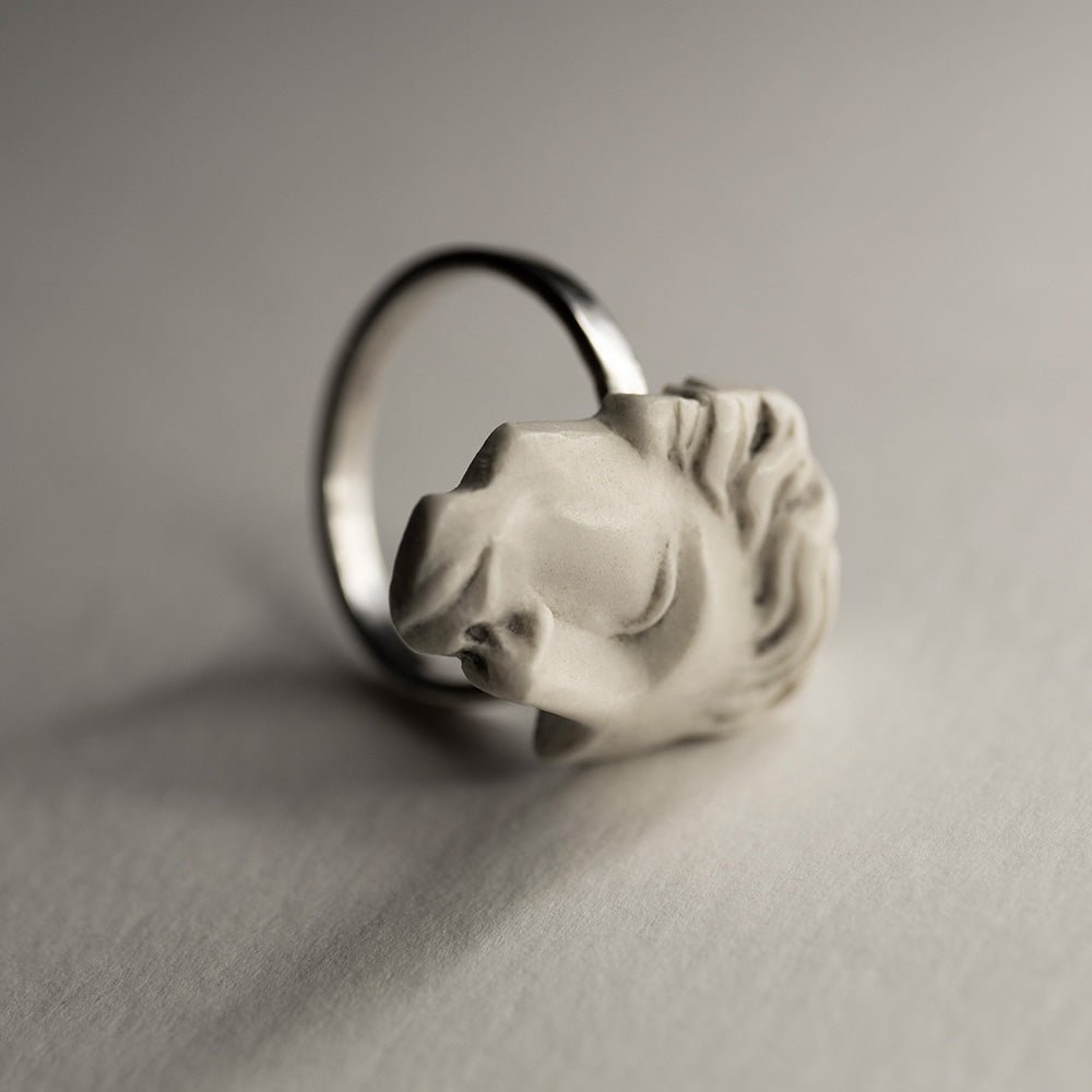 Ariadne ring - silver and marble boho style goddess ring on neutral background