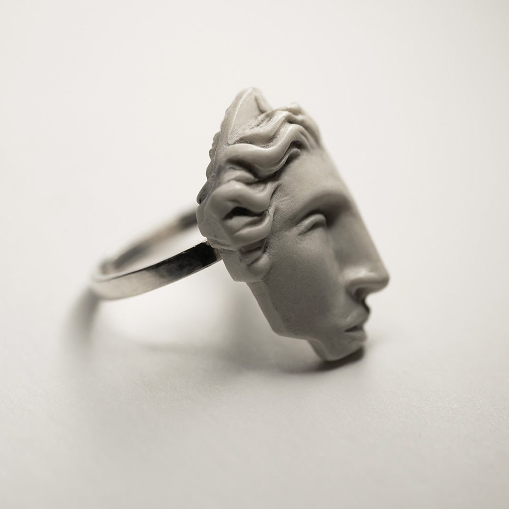 Ariadne ring - sleek silver ring with fragment of marble woman's head in coronet - Ancient Greece inspired ring