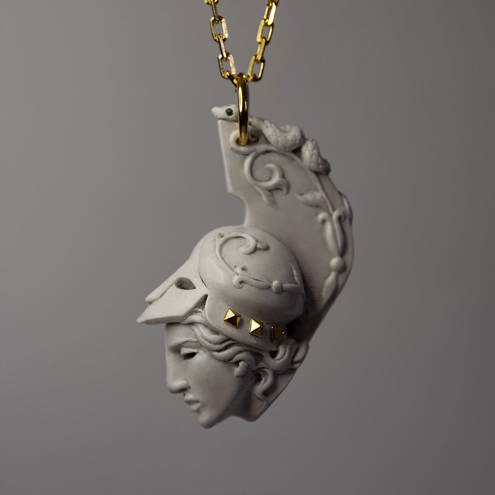 Athena pendant - view from the side, marble relief decoration and gold plated studs visible