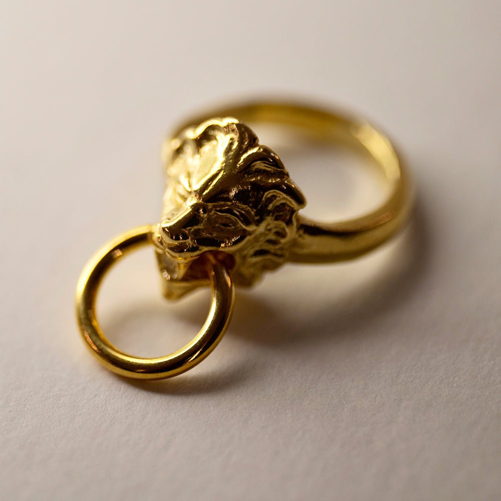 Silver Lion ring - gold-plated mythic-inspired men’s ring featuring a lion with a ring in its mouth