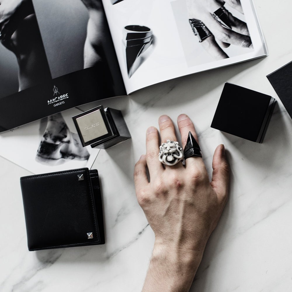Marble Lion ring - on a model's hand with other jewelry by Macabre Gadgets - men's ring lifestyle editorial