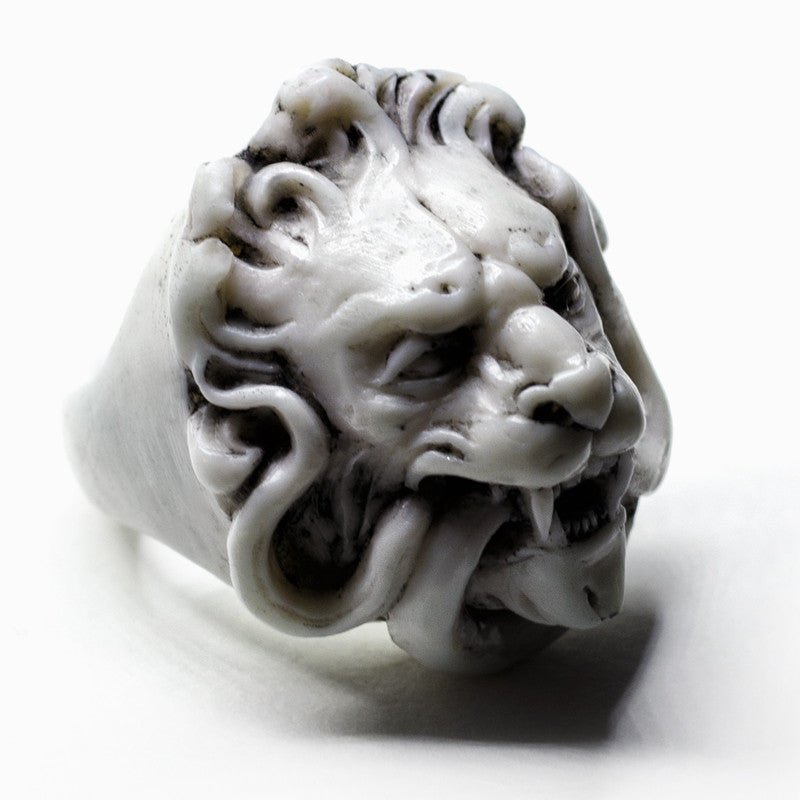 Marble Lion ring - chunky signet ring featuring a lion’s head with a snake in its mouth