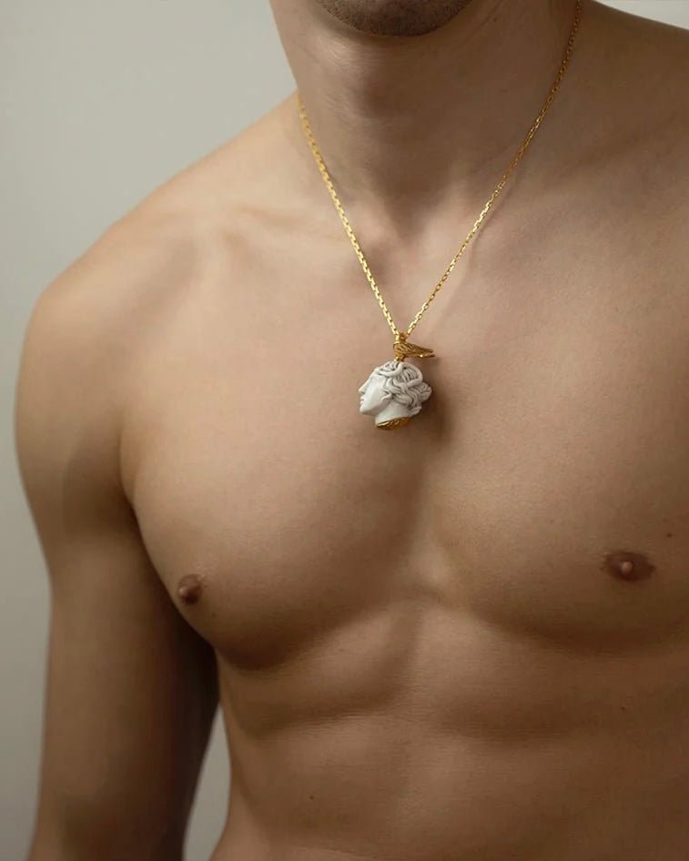 Medusa pendant on a male model - boho style charm-pendant styling shot