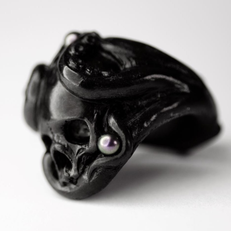 Octopus Skull ring - black octopus and skull gothic ring on white surface
