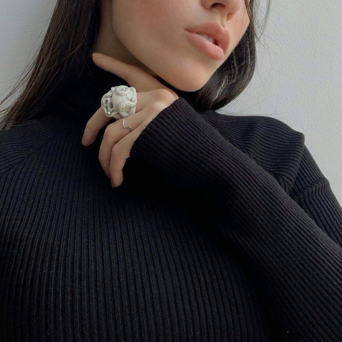 Female model wearing Octopus Skull ring - gothic skull ring styling shot