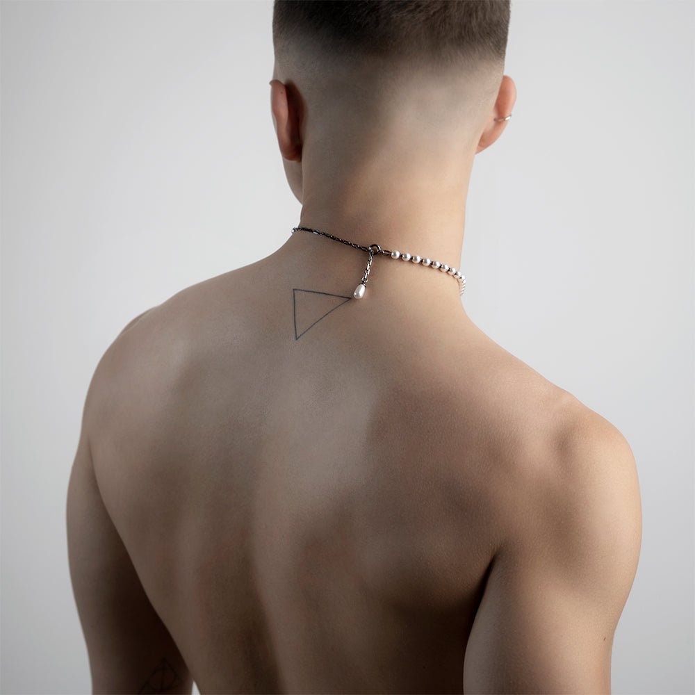 Pearl Choker on a male model, view from the back with lock visible