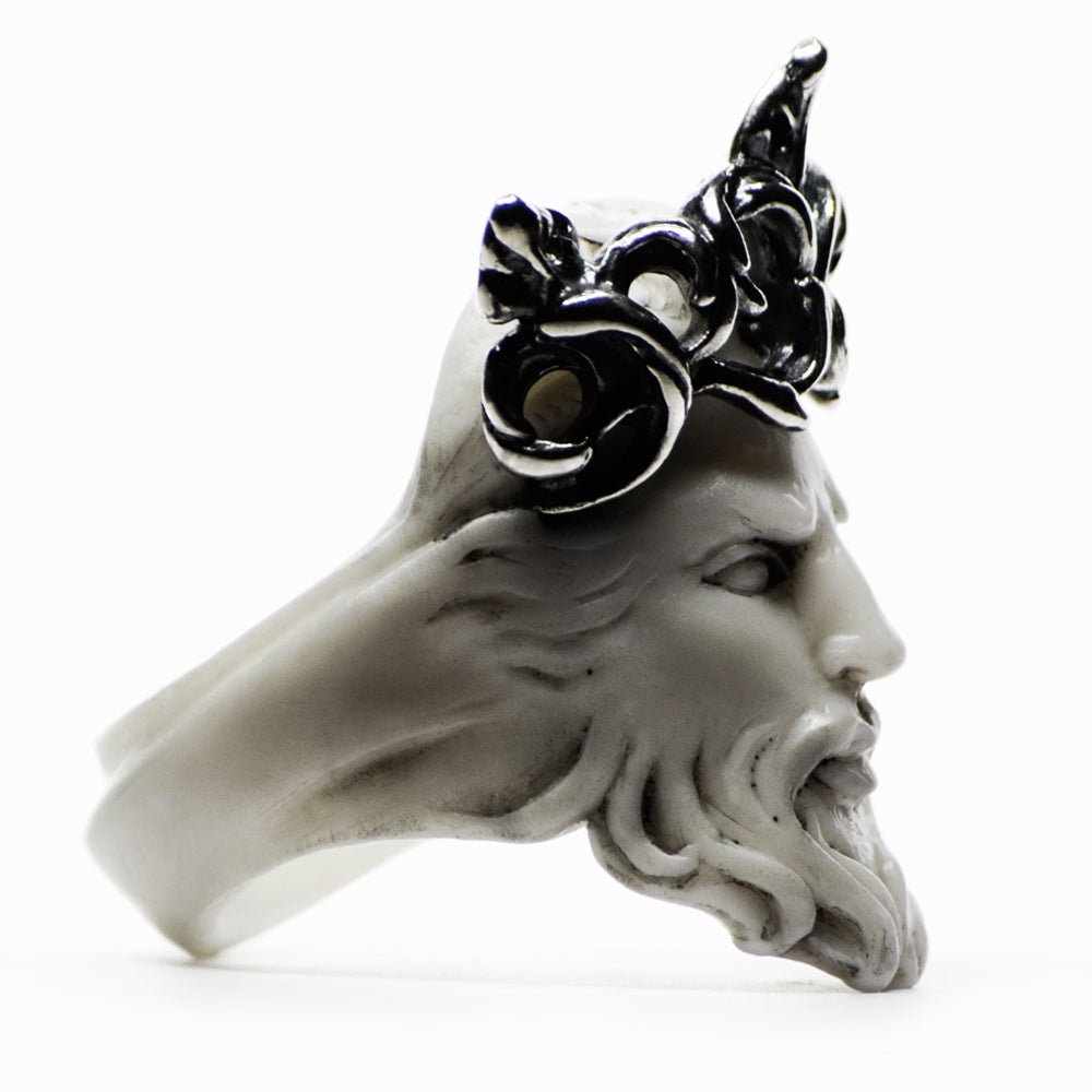 Close-up of Poseidon ring - side view - sculptured marble greek god inspired ring with sterling silver detail