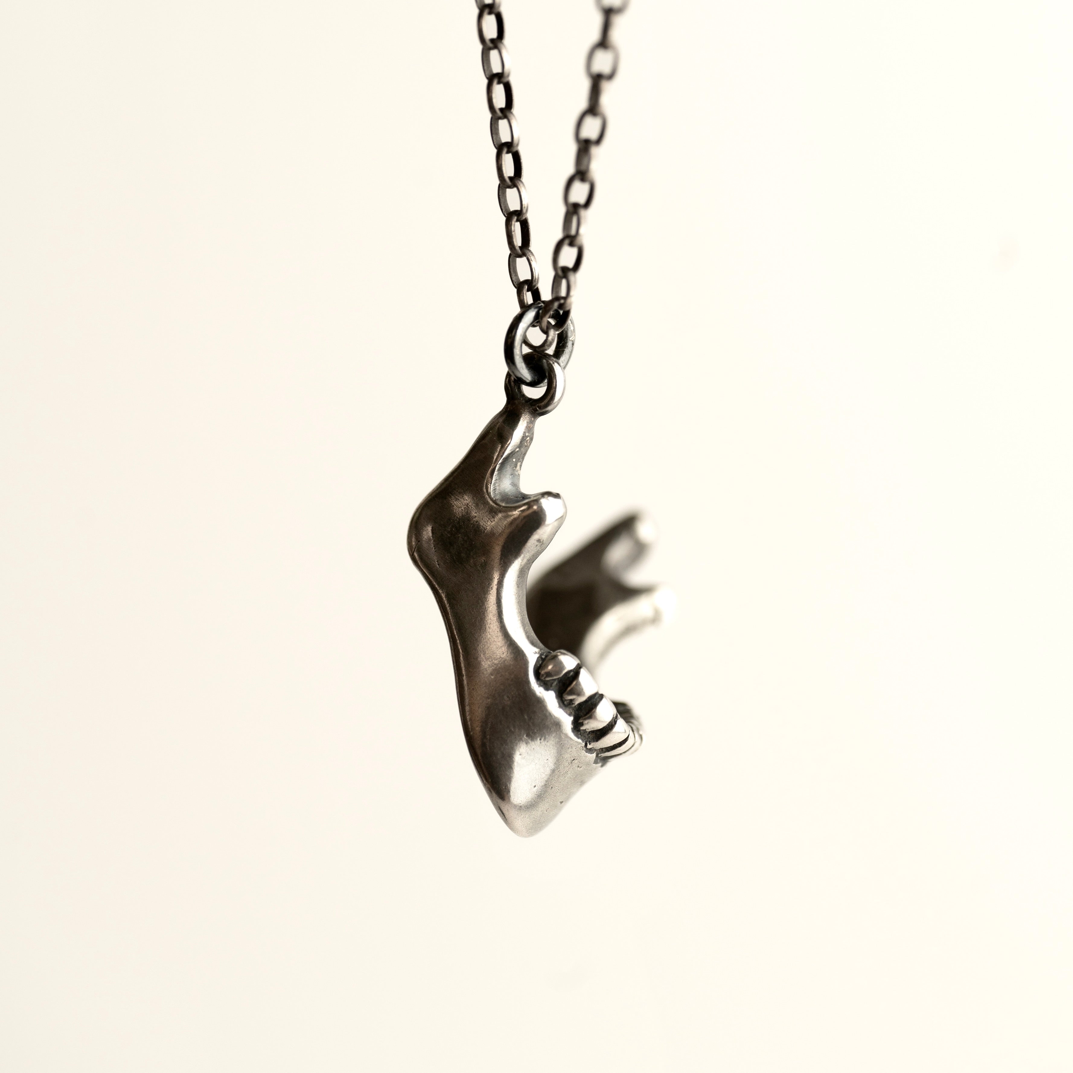 Silver Skull Jaw pendant on a 50cm sterling silver chain - handcrafted by Macabre Gadgets on a lobster lock - close up on a shiny sterling silver textures