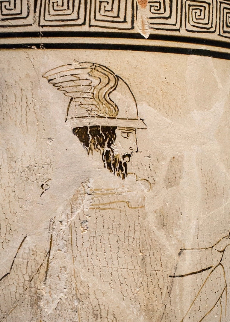 Ancient Greek pottery depicting Hermes, 5th century BCE, Archaeological Museum of Athens — the messenger god in terracotta, Gods and Monsters editorial, THEA by Macabre Gadget