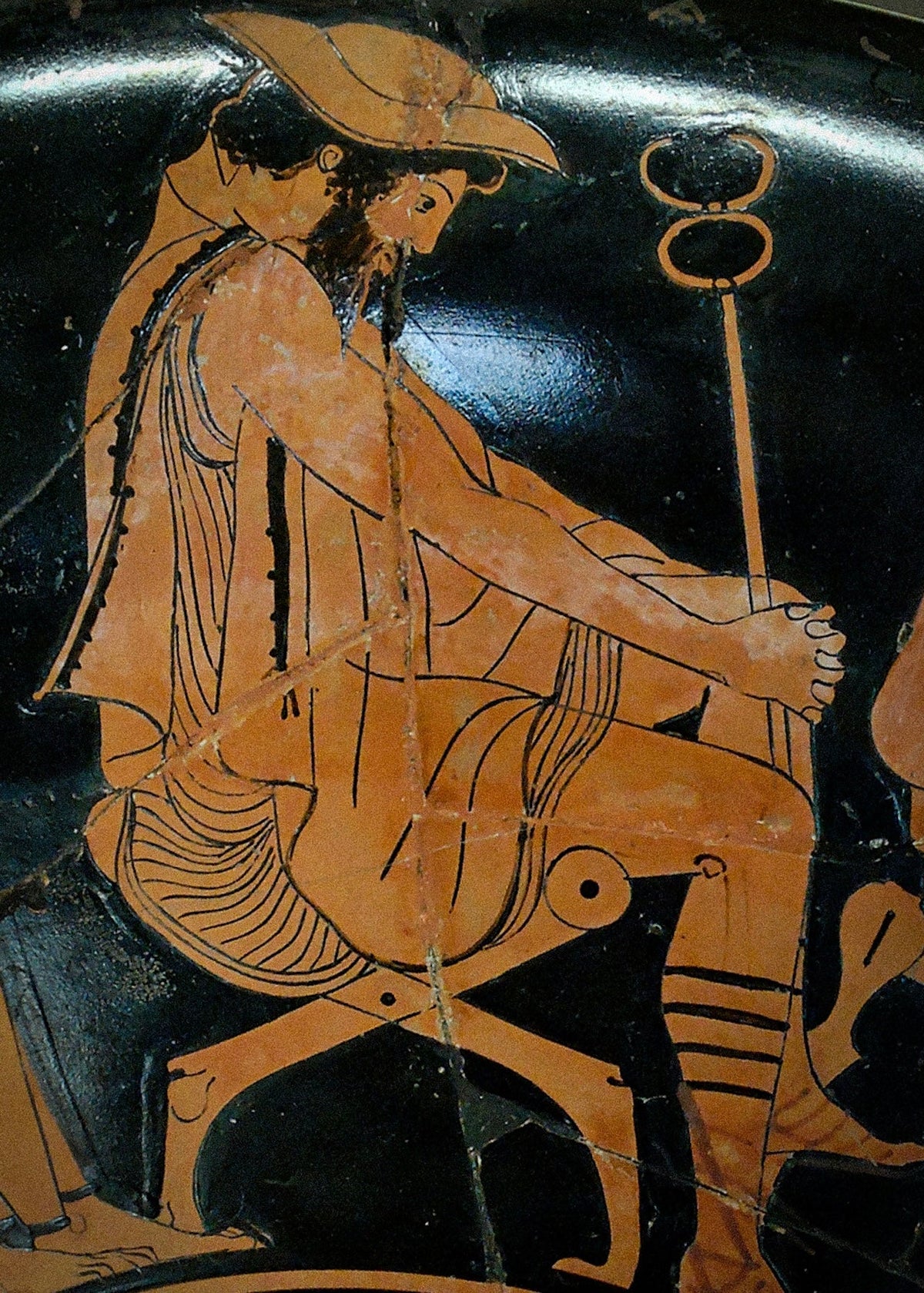 Ancient Greek pottery depicting seated Hermes with caduceus, Archaeological Museum of Athens, Gods and Monsters editorial, THEA by Macabre Gadgets