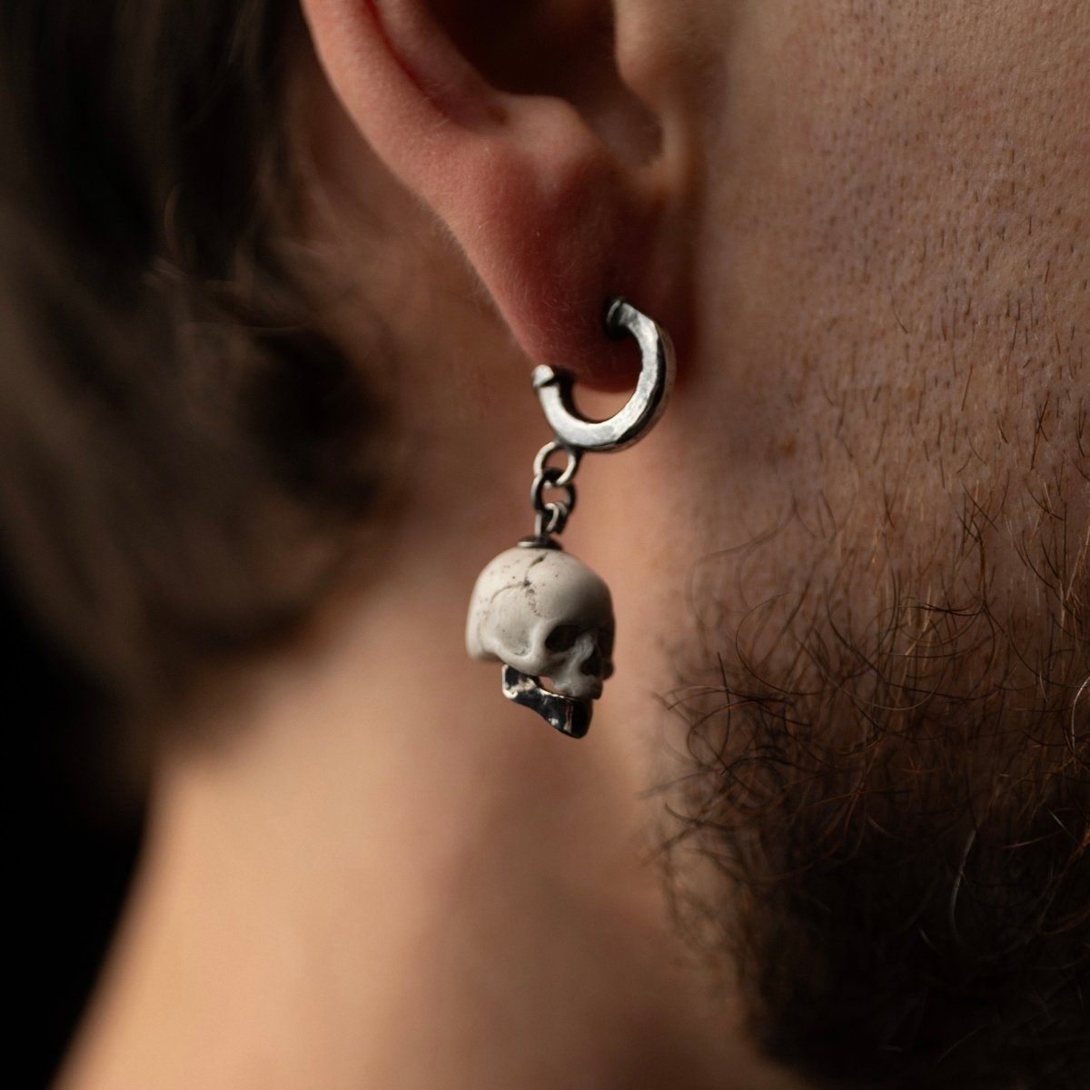 Miniature Marble Skull Earring with Silver Jaw | Macabre Gadgets