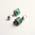 Malachite Studs earrings - pair - with green malachite stones and mini pearls on white background, natural gemstone jewelry