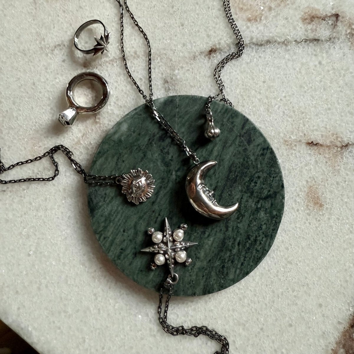 Mr. Moon Pendant - Two-Sided Sterling Silver & Marble Moon