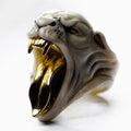 Panther ring - semi profile view, white variant  - focus on details of panther's head and gold-plated fangs
