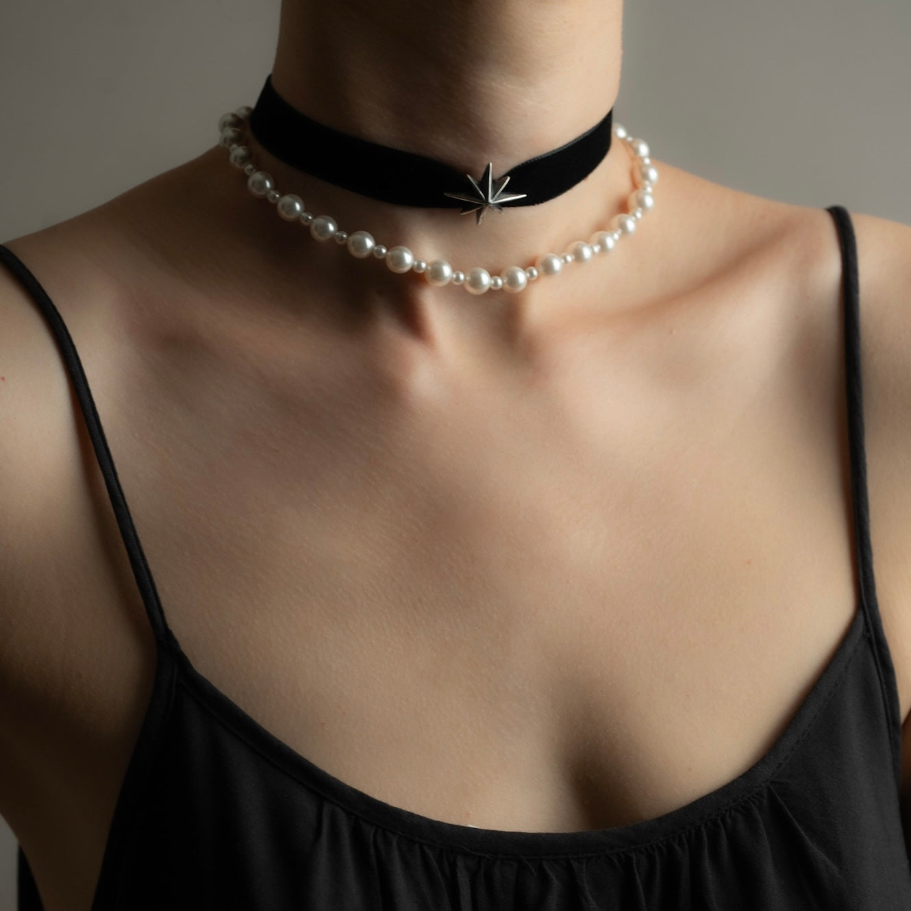 Silver Star Choker layered with Aegean Pearl Choker — celestial jewelry styling by Macabre Gadgets