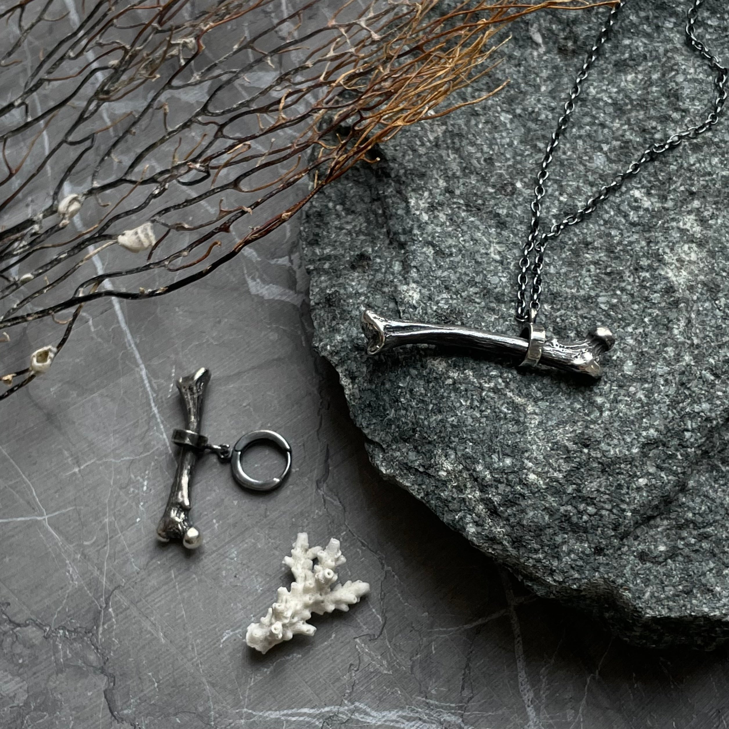 Silver bones jewelry hand crafted by Macabre Gadgets - gothic Victorian fun jewelry charms