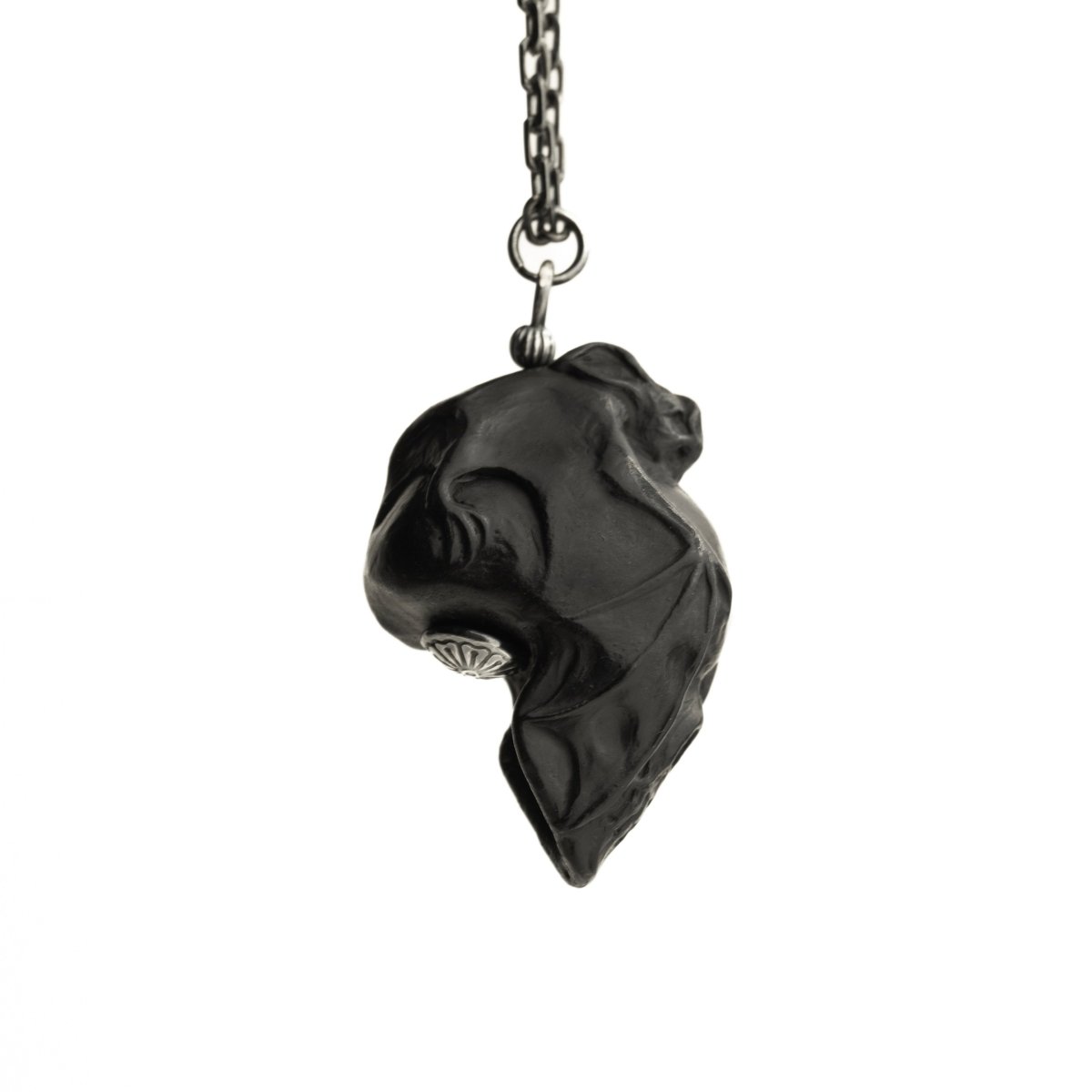 Skull & Bat pendant - black variant - close up, pendant fixture and chain visible