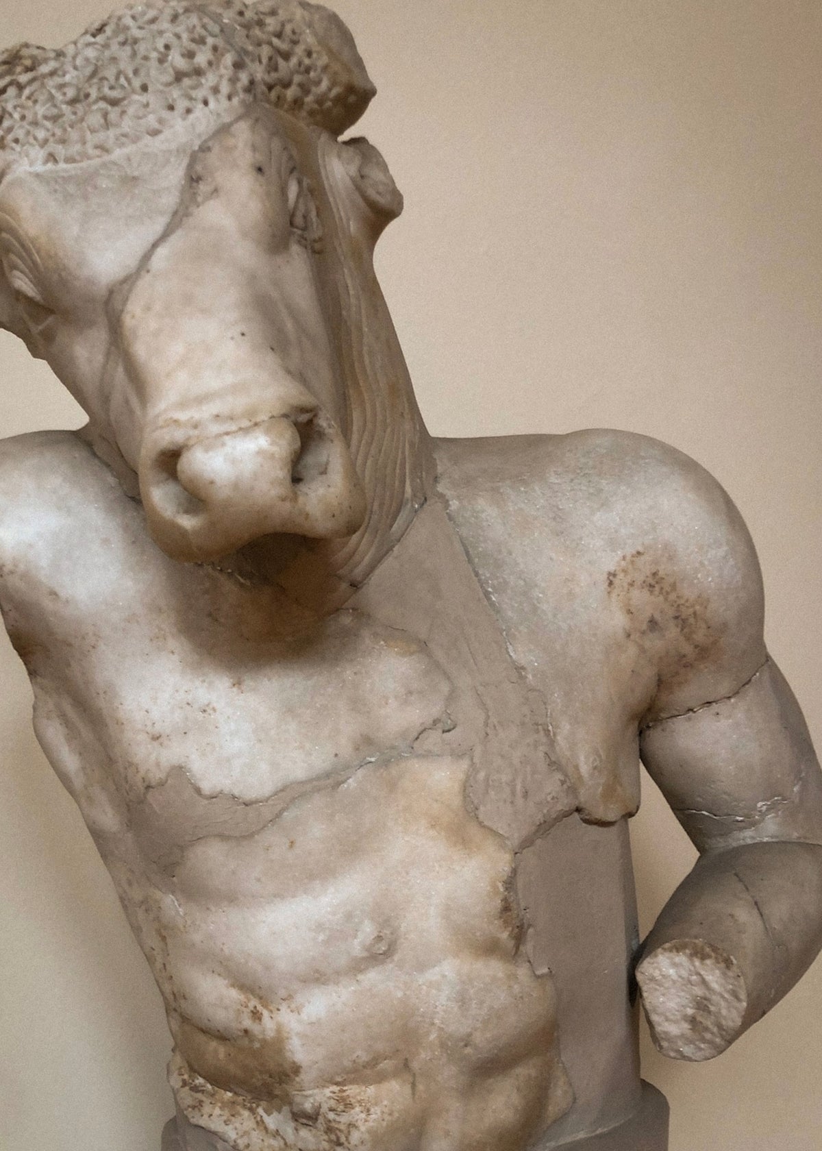Bust of a statue from a group representing Theseus and the Minotaur — Roman copy of the lost statuary group attributed to Myron, erected on the Acropolis. National Archaeological Museum, Athens.