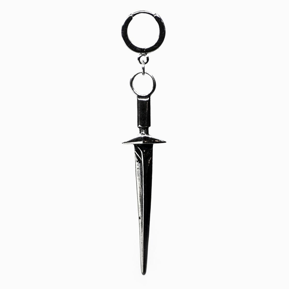 Sword earring by Macabre Gadgets - sterling silver miniature of a medieval sword on a white background