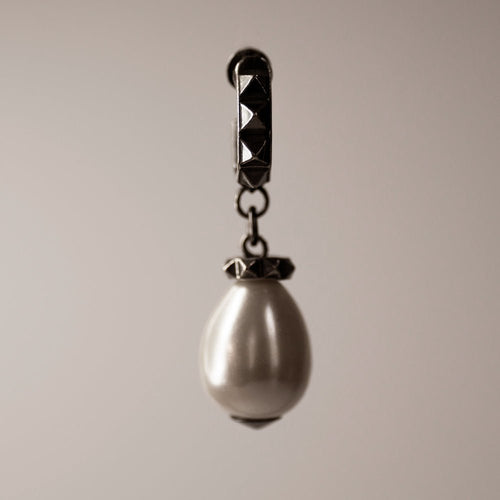 Aeon Pearl Drop earring with large teardrop pearl on sterling silver hoop with pyramid studs, timeless elegant jewelry