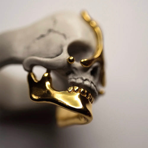 Ancient skull ring - gold variant - focus on highly polished gilded jaw of the skull