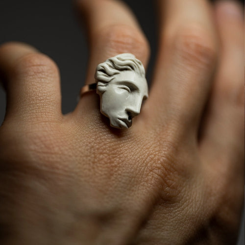Male model wearing Ariadne ring - minimalist classical ring featuring a sculpture fragment