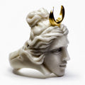 Artemis ring - mythology inspired ring features marble sculpted woman's face crowned with gold-plated crescent moon - symbol of the goddess