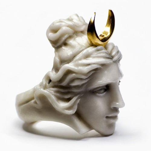 Artemis ring - mythology inspired ring features marble sculpted woman's face crowned with gold-plated crescent moon - symbol of the goddess