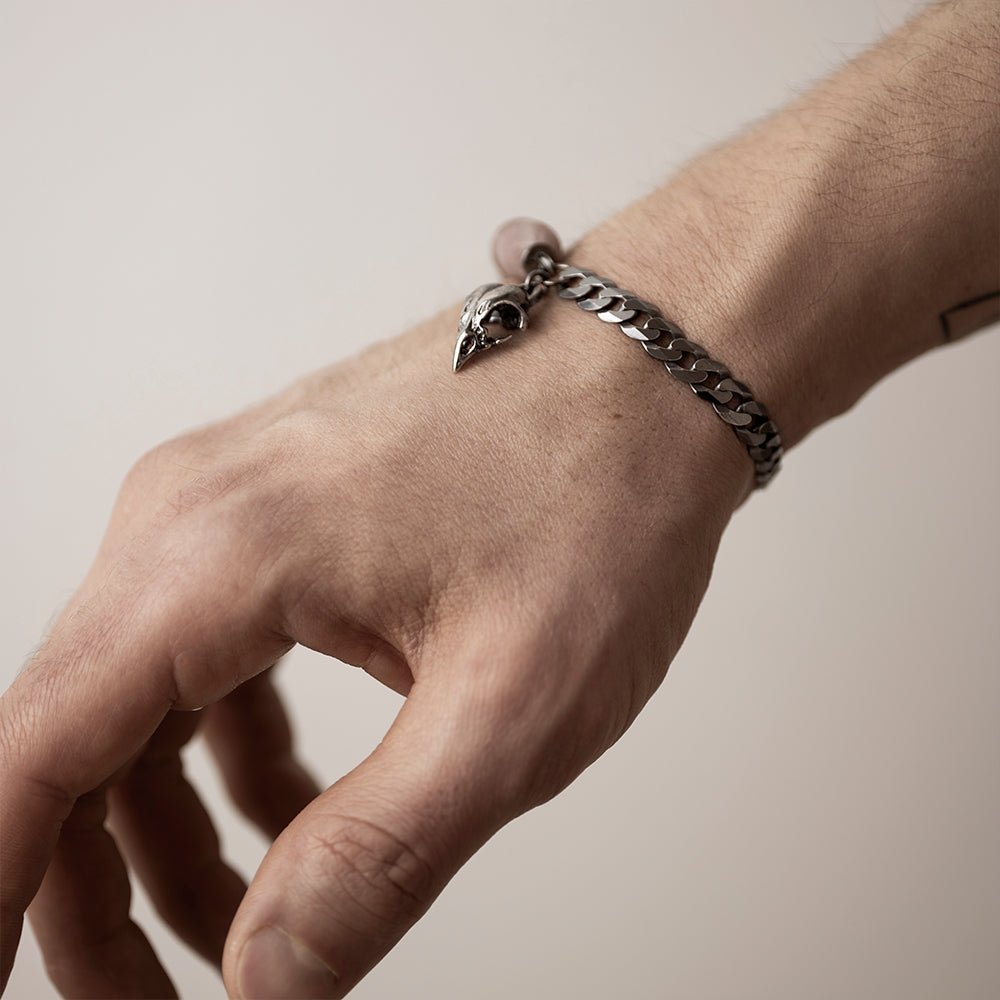 Bird Skull Bracelet on a man's wrist, side view