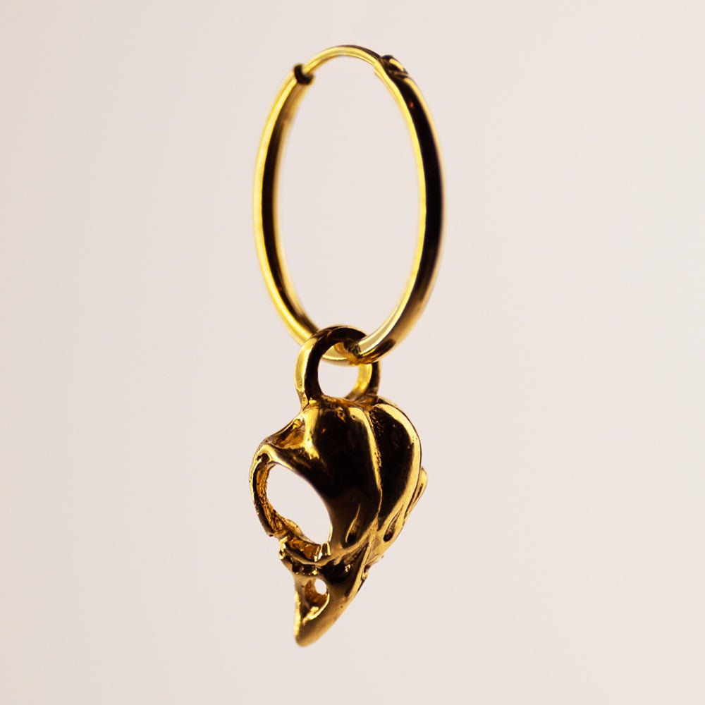 Bird Skull earring in gold-plated finish, miniature bird skull on a hoop