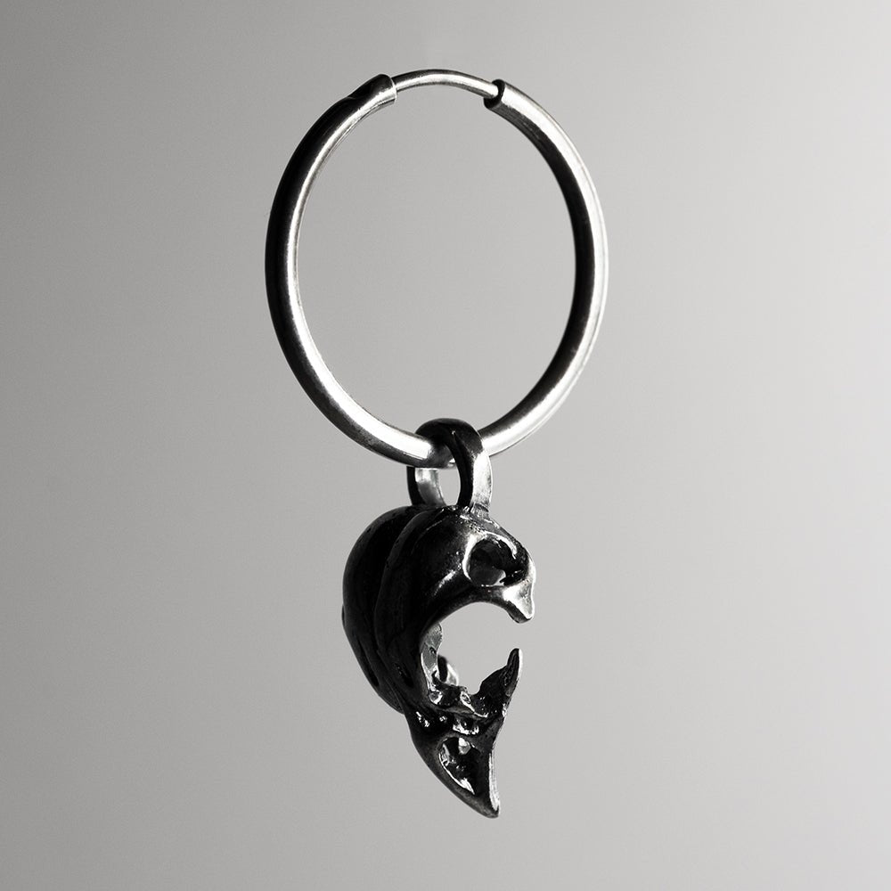 Bird skull earring - oxidised sterling silver bird skull on a hoop earring