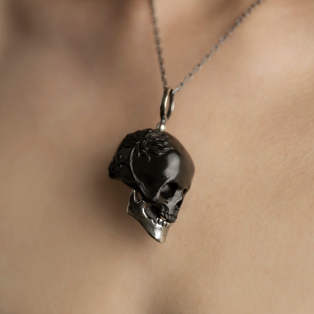 BLACK CHRYSANTHEMUM SKULL PENDANT - Macabre Gadgets Store