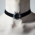 Model wearing Black Lyre choker - black satin lace with sterling silver lyre charm