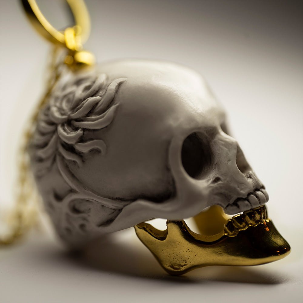 Chrysanthemum Skull Pendant - Gothic White Skull Charm - Skull