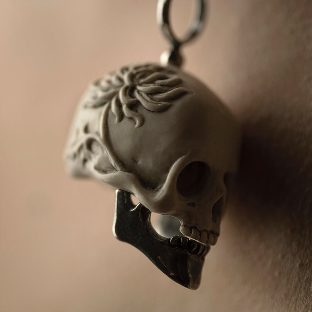 Chrysanthemum Skull Pendant - Gothic White Skull Charm - Skull