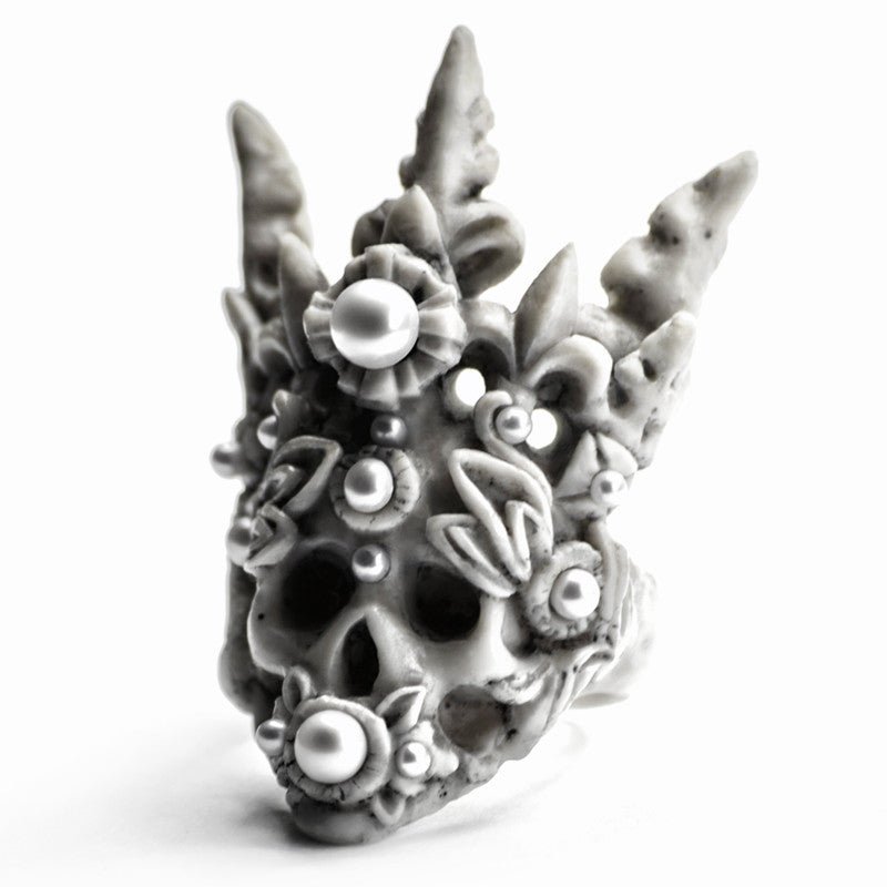 Coral Crown Skull ring — bonded marble skull with branching coral spire crown and pearl inlay, white background | Macabre Gadgets