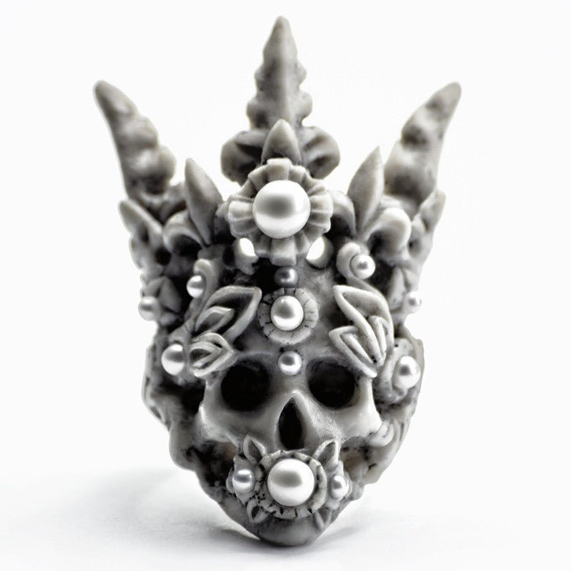 Coral Crown Skull ring — bonded marble skull with coral spire crown richly inlaid with vegan pearls, neutral background | Macabre Gadgets
