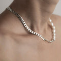 Model wearing Double necklace - chunky sterling silver flat curb chain  and baroque glass pearls - boho style statement necklace