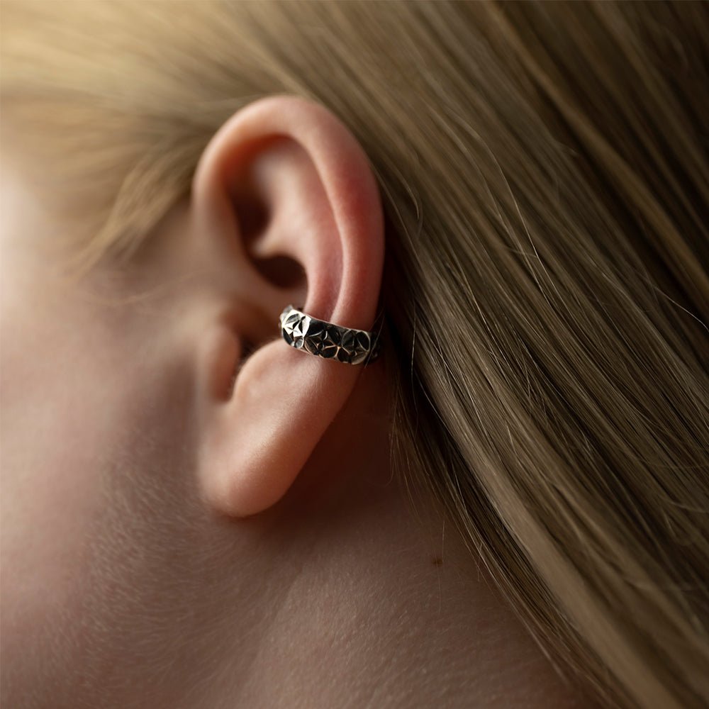 Female model wearing Dragonfly ear cuff, no piercing, sterling silver, geometric jewelry