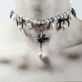 Stars and Moons choker on a model, close up, front view against white background