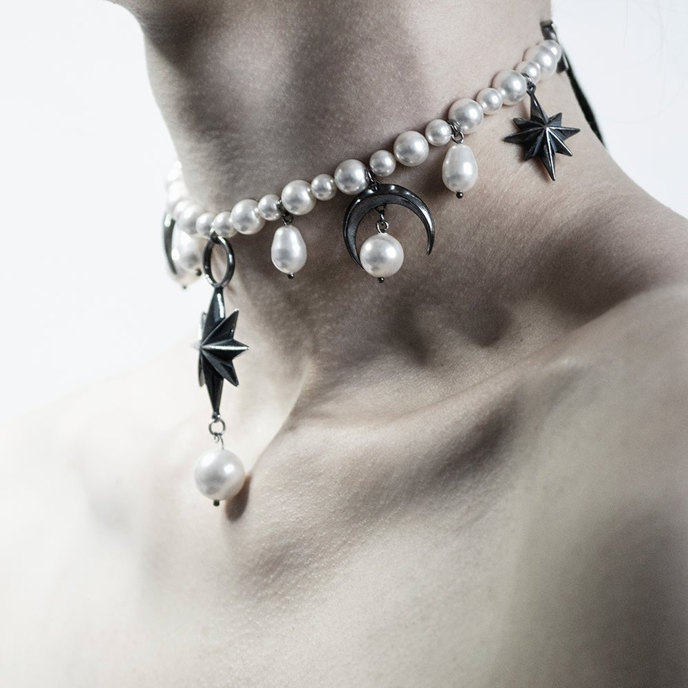 Stars and Moons choker - close up, semi profile view against white background