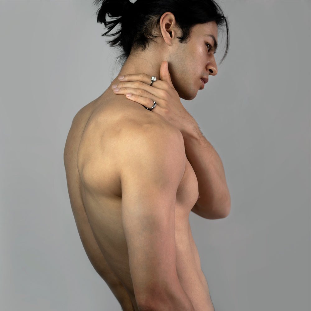 Eye ring on a male Asian model with long hair 