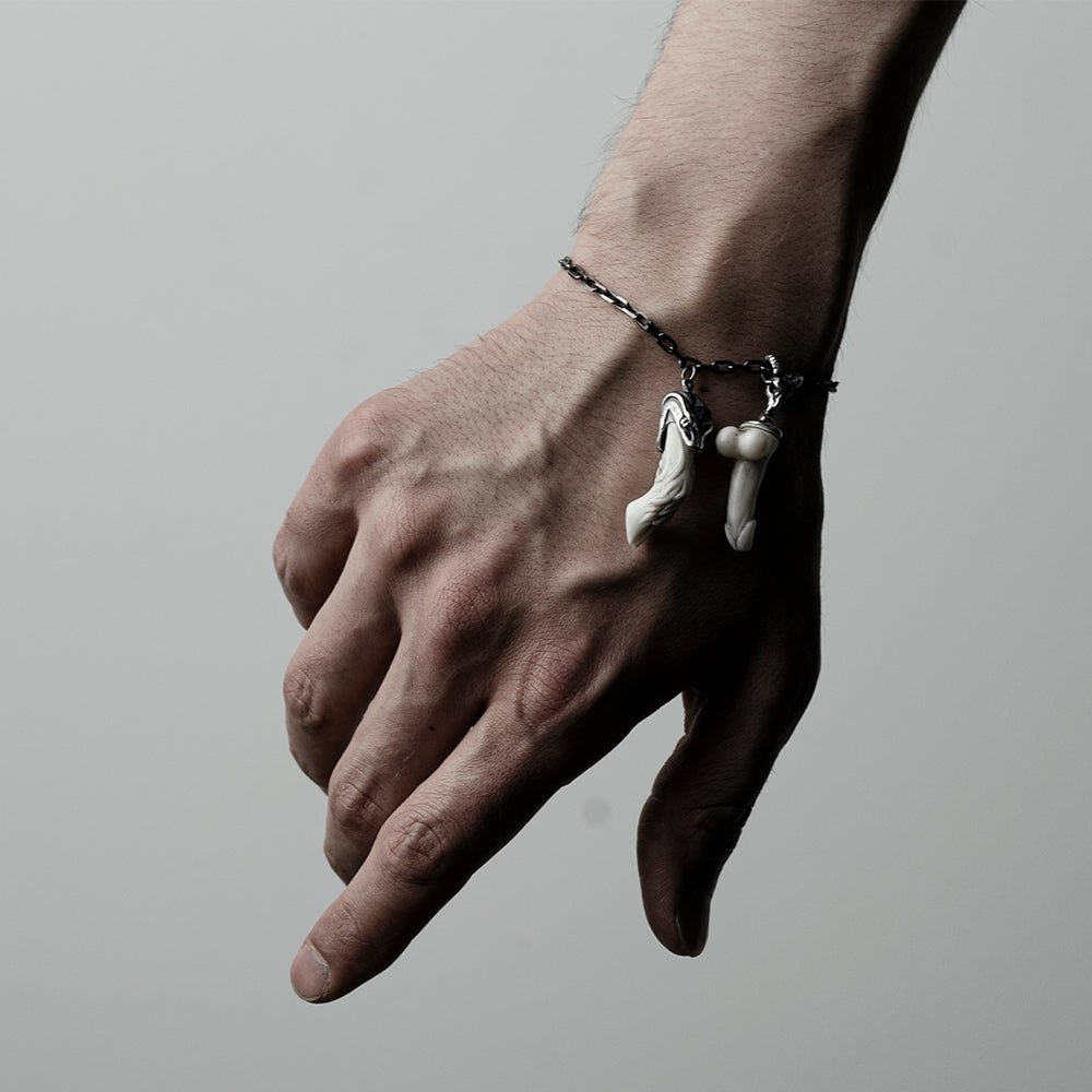 Faun Bracelet - on a man's wrist, to show dimensions of the charms and fit of the bracelet
