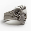 Faun ring - mythology inspired ring featuring a detailed and expressive faun or satyr face on white background