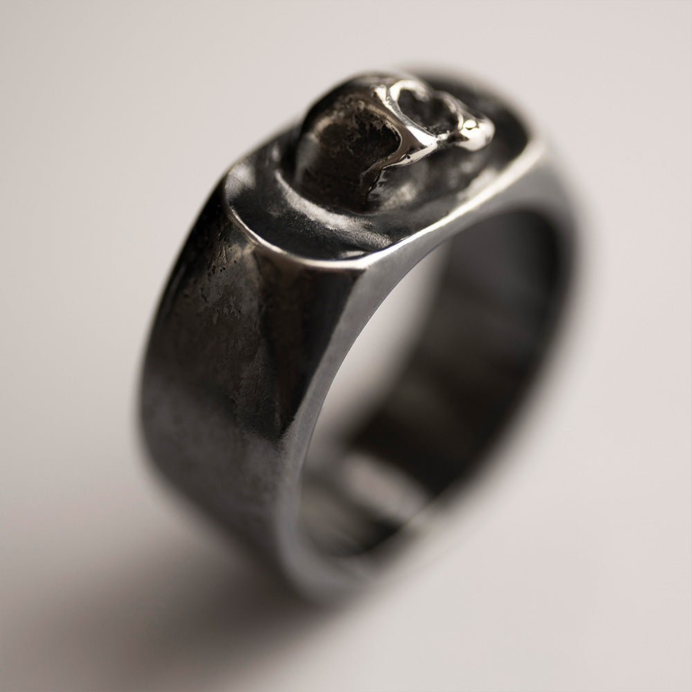Flow Skull ring - sterling silver signet ring with skull emerging from its surface