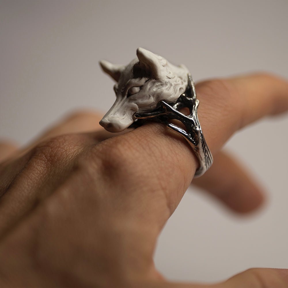 Fox ring - white variant - on a model's hand, index finger, close up to better show the details